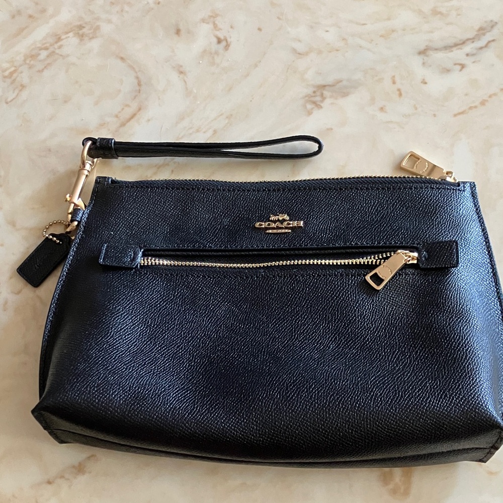 Coach Black Leather Wristlet with Gold Accents